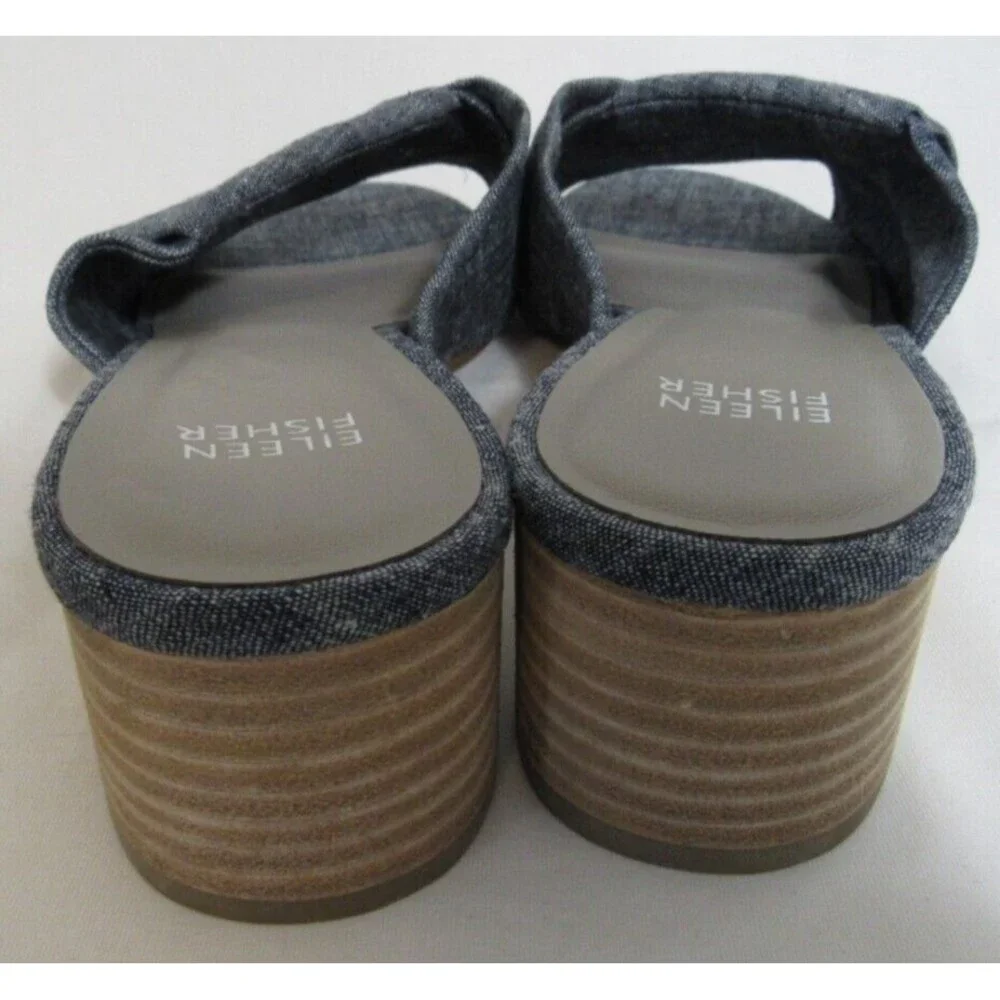 Eileen Fisher Blue Ruche Chambray Slip On Vero Cuoio Heels Size 9.5 NWOT